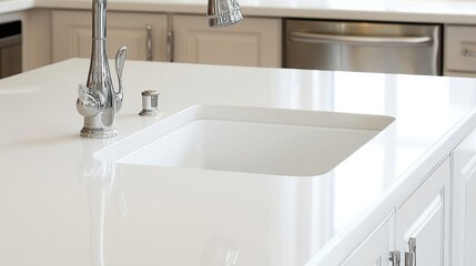 Modern kitchen sink, quartz countertop, island, faucet, appliances, sunlight, interior design, home decor, real estate listing