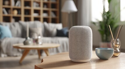 Smart Home Harmony: A sleek, modern smart home speaker sits amidst a cozy, well-lit living room, exuding a sense of connectivity and convenience.  
