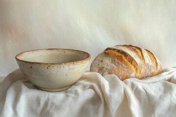 A rustic ceramic bowl and a loaf of artisan bread rest on a simple white cloth, evoking a sense of warmth and home-baked goodness.