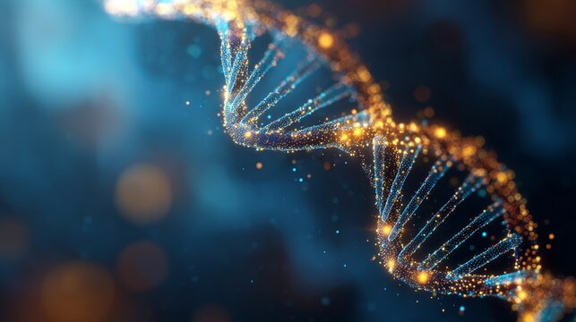 Illuminated DNA strand helix against a deep blue gradient background, scientific and technological advancement representation, digital artwork.