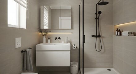 Small bathroom in a minimal setting, bright and organized, perfect for DIY home guides or product mockups.