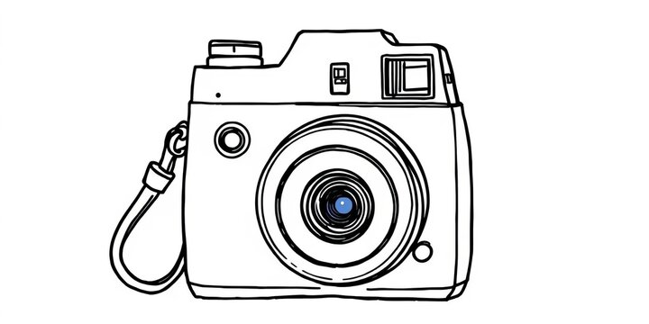 Hand-drawn instant camera with flash & lens, line art style for coloring,  retro,  digital art