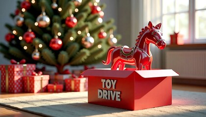 Cheerful toy drive box with a red horse figurine set under a Christmas tree