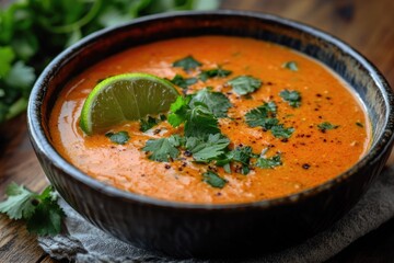 Creamy tomato soup garnished with fresh cilantro and a lime wedge, a delicious and healthy meal.
