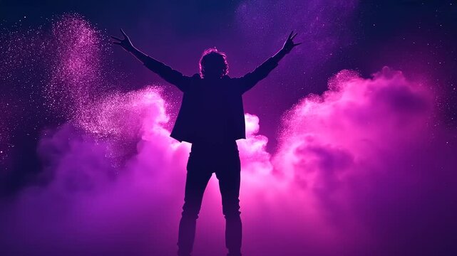 Person in silhouette poses dramatically amidst colorful smoke and vibrant particles in a cosmic setting - Powered by Adobe