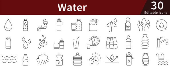 Water Line Icons Set with Editable Stroke for Hydration, Liquid, Aquatic, and H2O Related Concepts