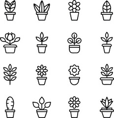 Collection of potted plant icons in a simple line art silhouette style