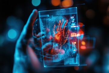 Futuristic Hand Scan with Digital Interface and Glowing Elements