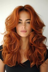 Fototapeta premium Young woman with vibrant copper red wavy hair styled in voluminous curls against light background, wearing black top. Natural makeup and modern beauty look.