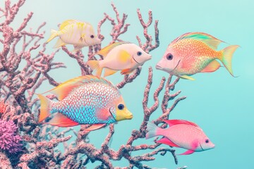 Five colorful fish swim amidst a vibrant coral reef, showcasing their diverse patterns and hues.