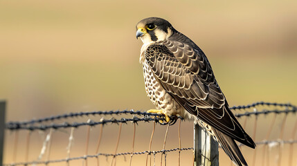 Eurasian hobby resting on wire fence in rural countryside, side view