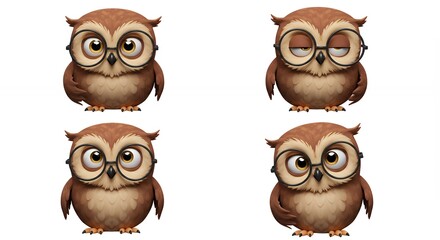 Four cute owls with glasses