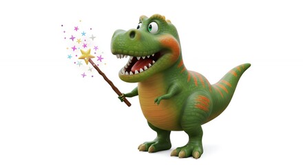 Naklejka premium Friendly cartoon dinosaur with magic wand