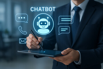 Businessman holding tablet and interacting with digital chatbot interface and communication icons in futuristic office setting
