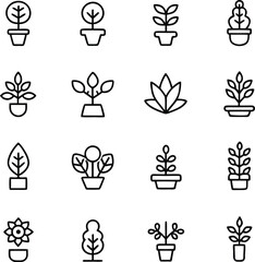 Collection of potted plant icons in a simple line drawing silhouette style