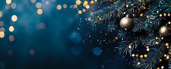 Christmas fir branches with silver baubles and golden bokeh lights on dark blue background, festive winter holiday panoramic composition.