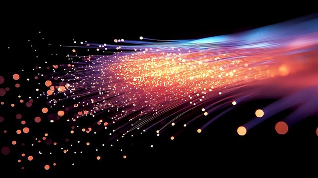 Glowing optical fiber strands with orange and blue light effects against dark background, sparkling particles create dynamic motion blur pattern. - Powered by Adobe