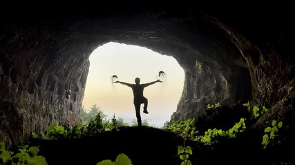 Curious traveler, adventurous spirit and excitement of discovery in the cave