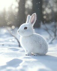 Obraz premium White fluffy bunny sitting in fresh snow with magical winter bokeh background and falling snowflakes creating dreamy seasonal atmosphere.
