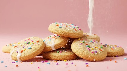 A stack of sugar cookies with sprinkles  icing is depicted on a pink surface - Powered by Adobe
