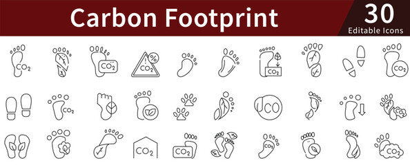 Carbon Footprint Line Icons Set with Editable Stroke for Climate Change, Emission, Environment, and Sustainability