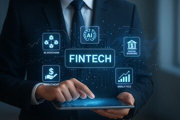 Businessman holding tablet with fintech digital banking, blockchain, investment, AI, and analytics icons in futuristic financial technology concept