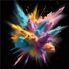 Vibrant Explosion of Colorful Powder on Black Background - Dynamic Abstract Art for Celebration and Energy