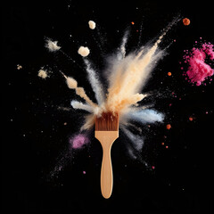 Creative Explosion of Colorful Powder with Paintbrush on Black Background