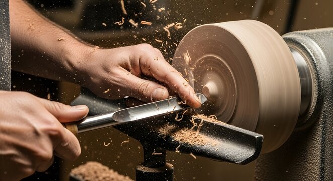 Woodturning in progress, creating woodworking projects, turning a piece of wood on a lathe to get a certain shape, a woodturner at work, capturing motion,Wood being spun on a lathe and being carefully