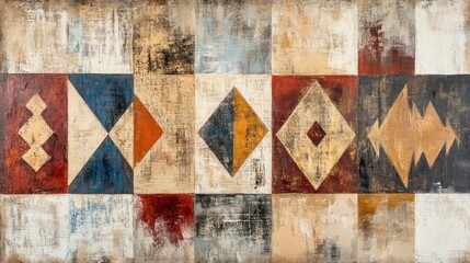 Fototapeta premium Geometric Patchwork: Abstract Painting with Diamond and Triangle Motifs in Earth Tones