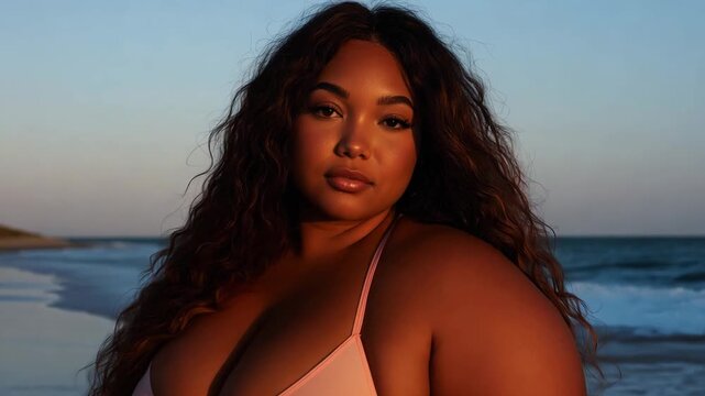 A model stands confidently at the beach during sunset, highlighting swimwear while the waves gently lap at the sand