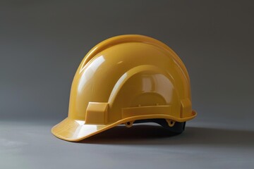 Fototapeta premium Yellow hard hat resting on a gray background, symbolizing workplace safety and construction site precautions