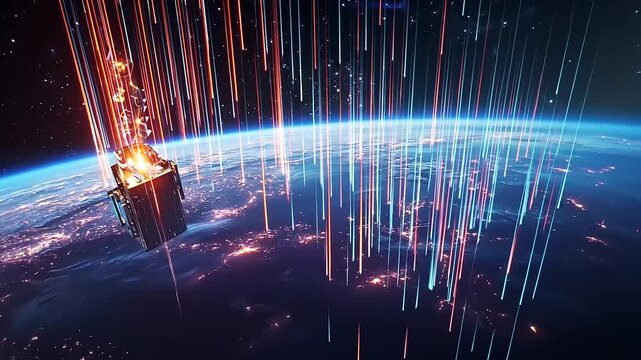 Satellite in orbit experiencing a fiery malfunction, surrounded by vibrant atmospheric streaks