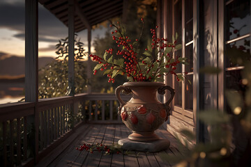 Decorative Ceramic Vase with Red Berries on Wooden Veranda Cozy Autumn Setting