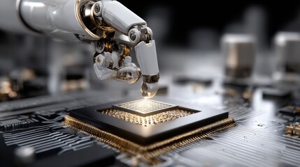 A robot is reaching out to touch a computer chip