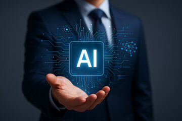 Businessman presenting artificial intelligence icon with glowing digital circuit network, symbolizing ai technology, machine learning, and data processing