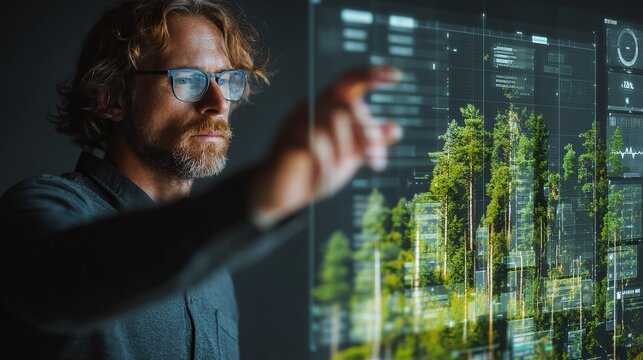 Man using futuristic interface monitoring trees, displaying environmental data analysis and real-time ecological information for sustainable practices.