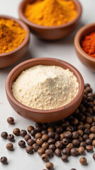 Aromatic spices in clay bowls, including turmeric, red chili, and blend of ground spices, create vibrant culinary display