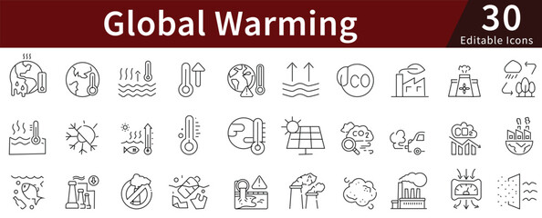 Global Warming Line Icons Set with Editable Stroke for Climate Change, Environment, and Earth Protection