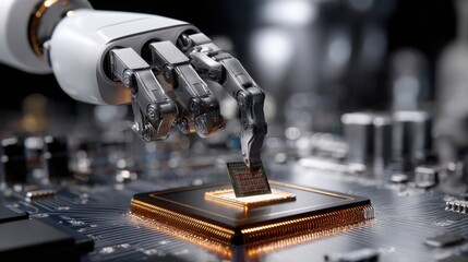A robot arm is reaching for a small electronic device on a computer chip