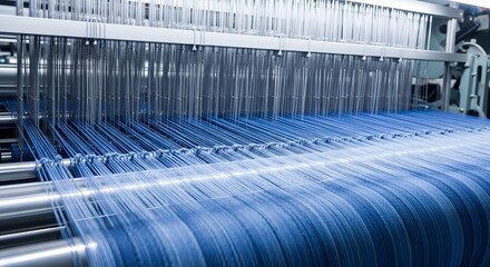 Fototapeta premium Close-up of a sophisticated industrial weaving machine creating beautiful blue fabric, Modern textile factory equipment churning out high-quality woven material