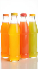 Refreshing fruit beverages in colorful bottles, showcasing vibrant orange, red, and green hues. Perfect for summer day