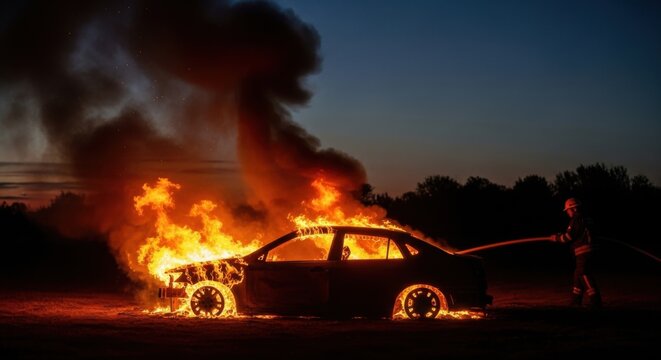 Burning Car on Fire with Firefighter Suppressing Flames in Open Field at Night