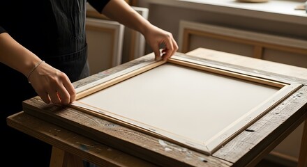 Artist's hands framing a blank canvas in an art studio, preparing the workspace for painting, Unframed painting canvas in an art studio being prepared for painting