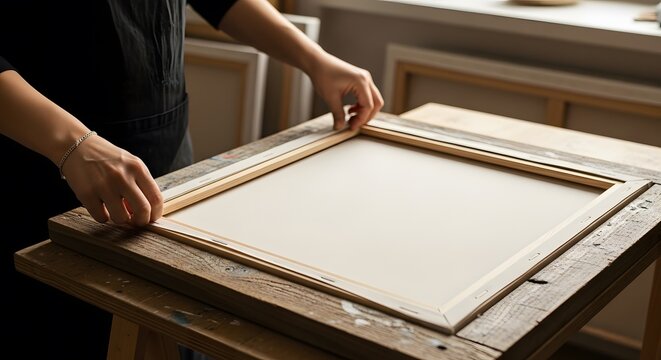 Artist's hands framing a blank canvas in an art studio, preparing the workspace for painting, Unframed painting canvas in an art studio being prepared for painting