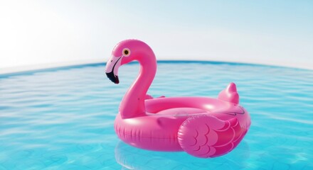 Naklejka premium Pink Flamingo Inflatable Pool Float on Bright Blue Water with Clear Sky