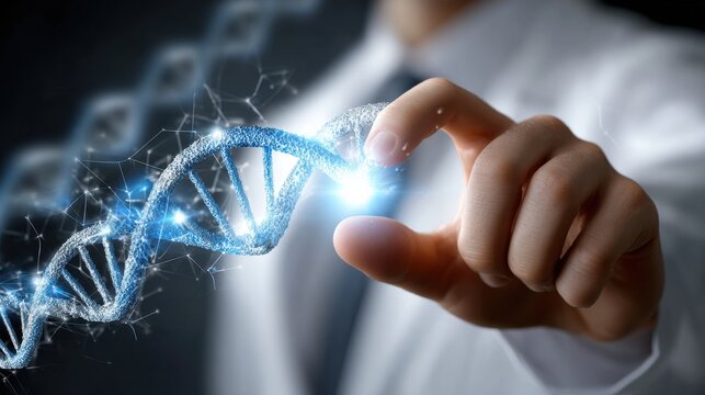 A man is holding a DNA strand in his hand - Powered by Adobe