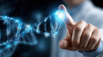 A person is pointing at a DNA strand with their finger