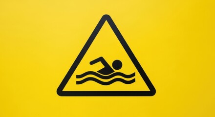 Warning Pool Safety Sign with Black Triangle and Swimmer Icon on Bright Yellow Background