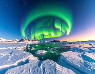 Vibrant aurora borealis over icy landscape.